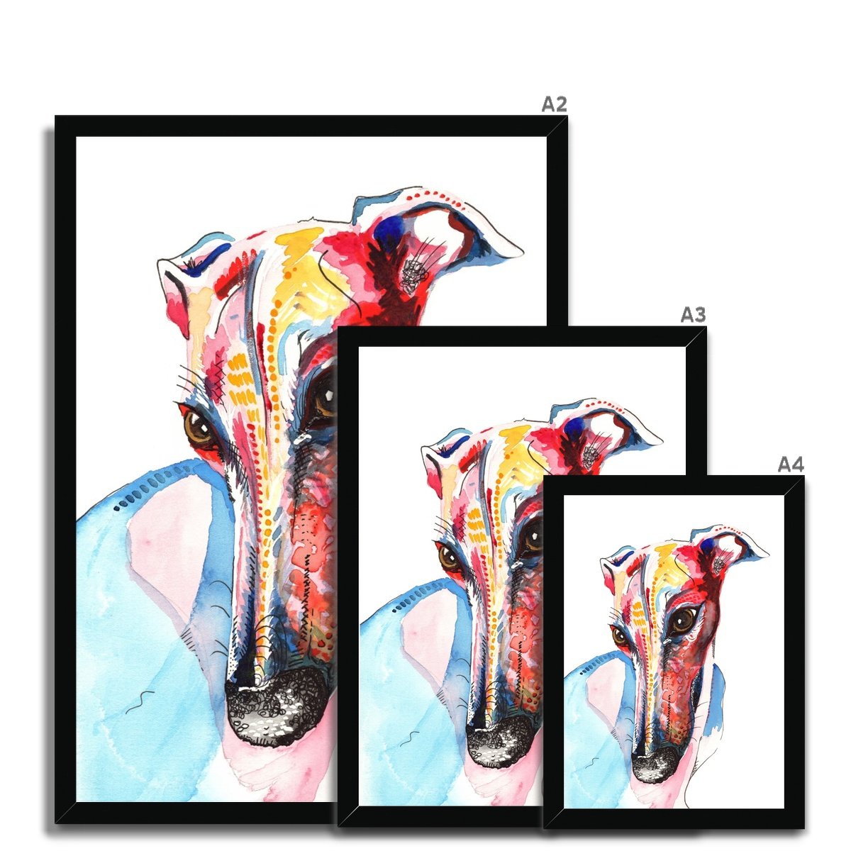 Greyhound Framed Wall Art Print black size guide